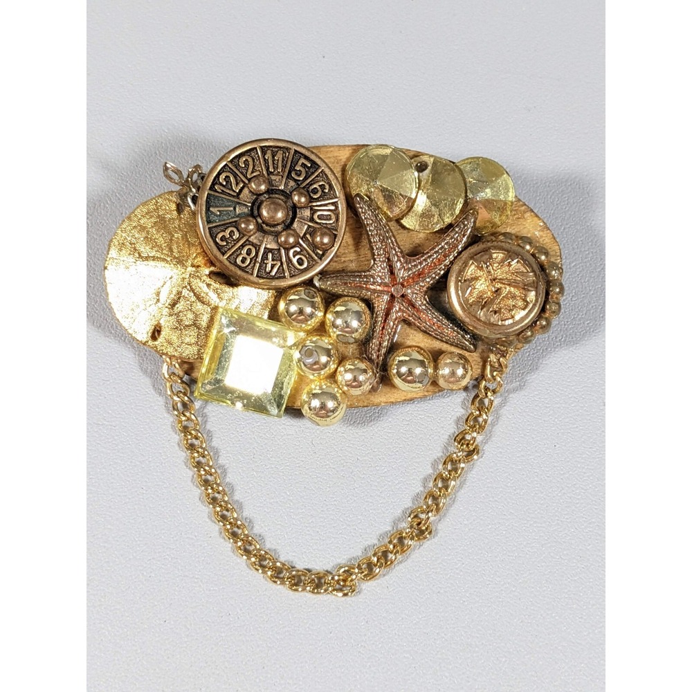 Artisan Wood Starfish Sand Dollar Drape Chain Brooch‎ Coastal Statement
